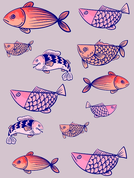 Aesthetic abstract background with different fishes pattern hand drawn decorative line art design