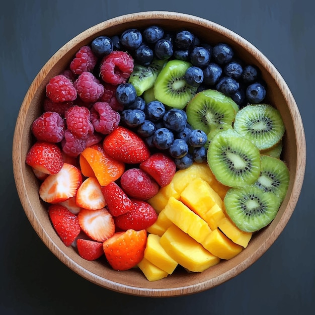 Aesthetic Arrangement of Fresh Healthy and Colorful Fruit Salad in a Wooden Bowl Featuring Raspbe