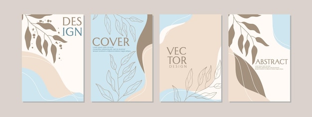 aesthetic boho style cover design set. hand drawn leaf design with pastel color abstract drawing.