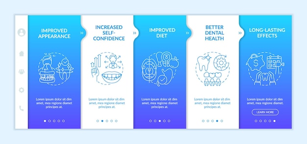 Aesthetic dentistry benefits blue gradient onboarding template Selfconfidence Responsive mobile website with linear concept icons Web page walkthrough 5 step screens LatoBold Regular fonts used