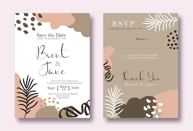 an aesthetic modern abstract frame and leaf line art wedding invitation template design