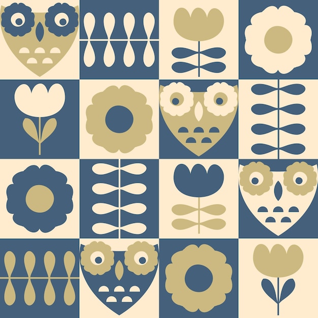 Aesthetic seamless pattern with tulip flowers and owls Geometric retro print for tee paper textile and fabric Floral vector background for decor and design