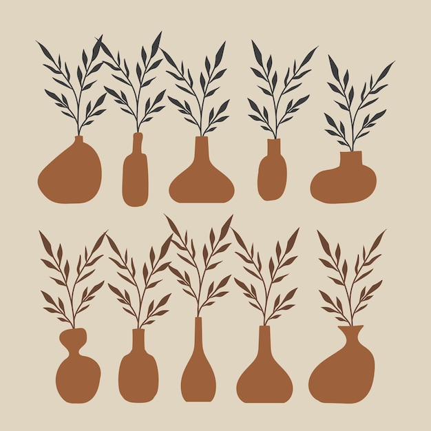 Aesthetic vase shape with leaves element in earth tone color Flat vase illustration