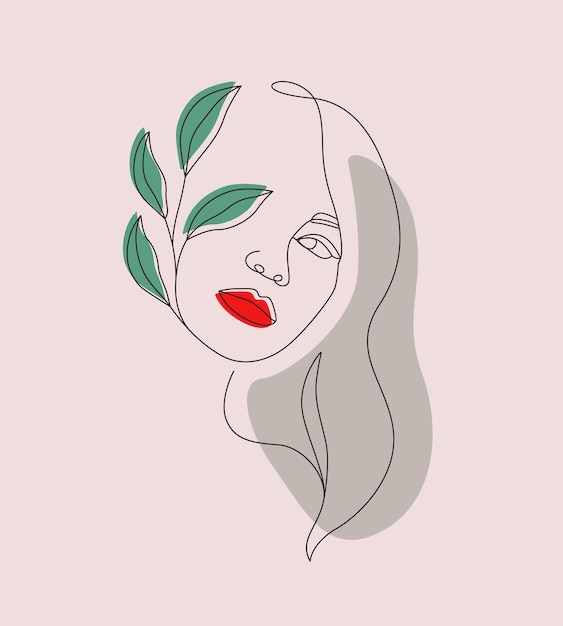 Aesthetic woman face and flowers vector line art minimal line art drawing