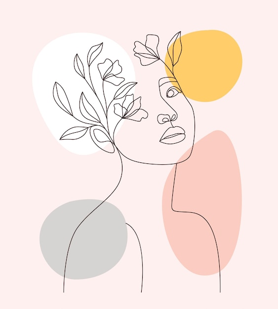 Aesthetic woman's face and flower illustration one line style drawing