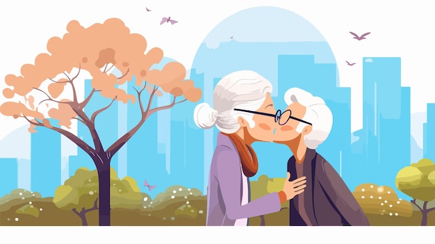 Vector affectionate senior woman kissing granddaughter in park cartoon illustration