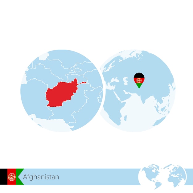 Afghanistan on world globe with flag and regional map of Afghanistan. Vector Illustration.