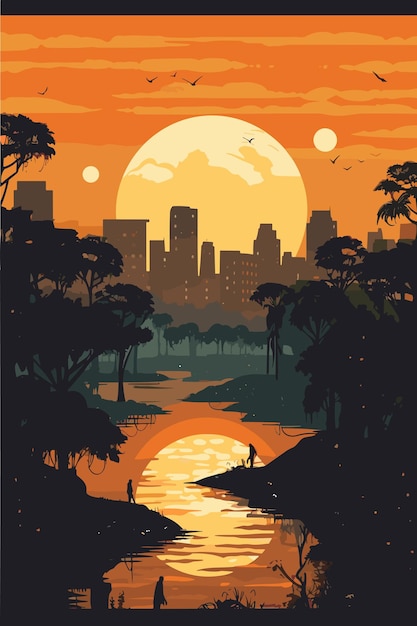 Africa city urban fictitious landscape in the evening Vector flat illustration