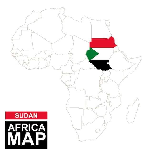 Africa contoured map with highlighted Sudan. Sudan map and flag on Africa map. Vector Illustration.