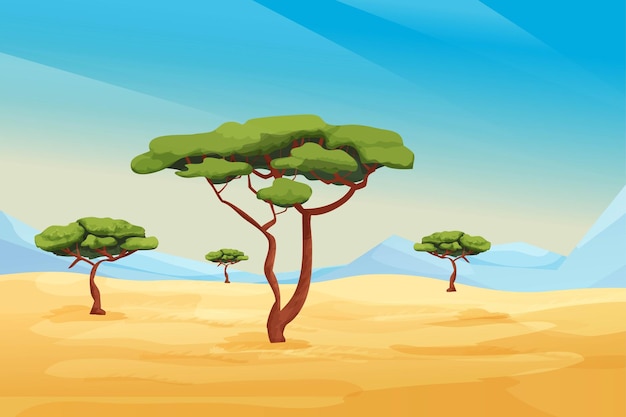 Vector africa savannah landscape, safari with grass, trees, mountains, summer hot scene, wild nature