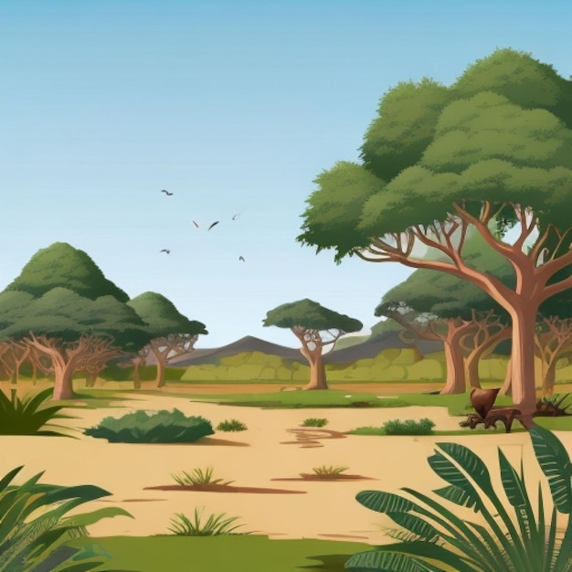 Vector africa savannah landscape safari with grass trees summer hot scene wild nature in cartoon style