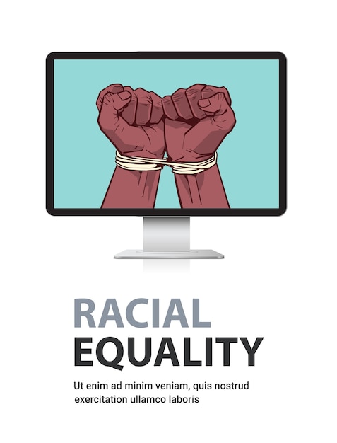 Vector african american black fists tied with rope on monitor screen stop racism racial equality black lives matter concept vertical copy space