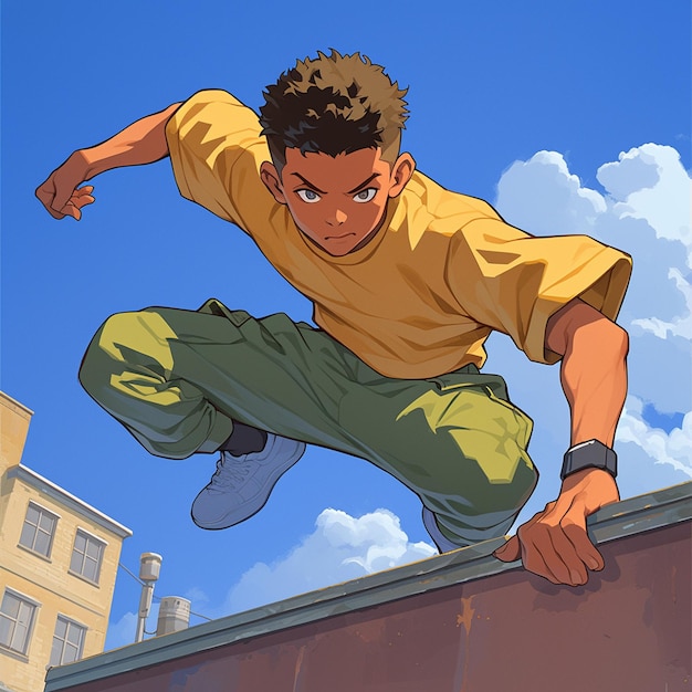 Vector african american boy in his 20s practicing parkour