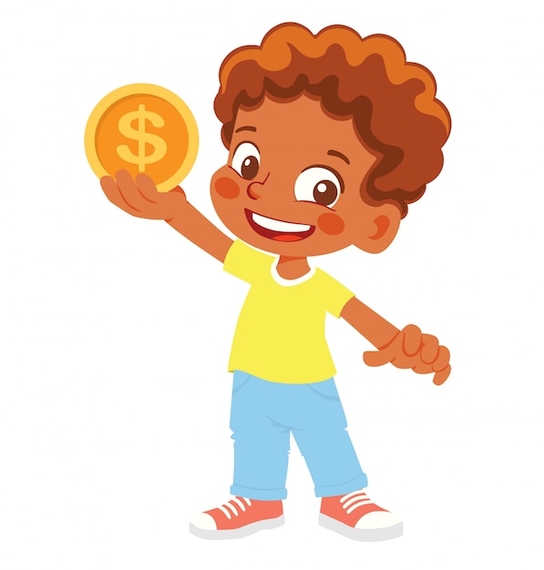 African American Boy holds coin. Gold coin in hand