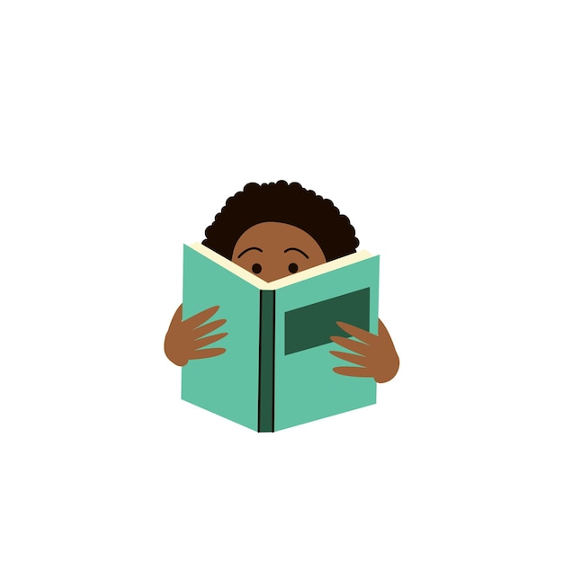 African American boy is reading a book, read more books concept. Hand drawn Vector illustration.