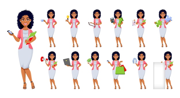 African American business woman, set of thirteen poses. Beautiful businesswoman cartoon character, pretty lady. Stock vector illustration