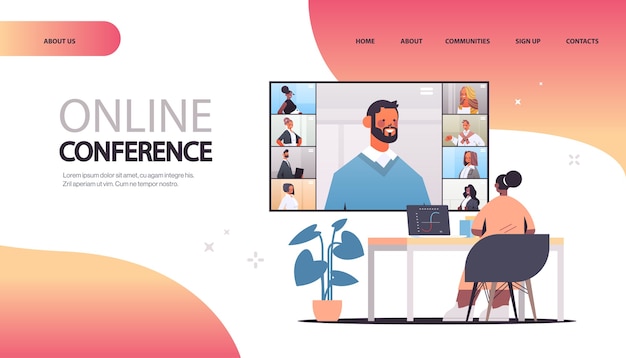 african american businesswoman discussing with businesspeople during corporate online conference mix race team working by group video call  copy space landing page