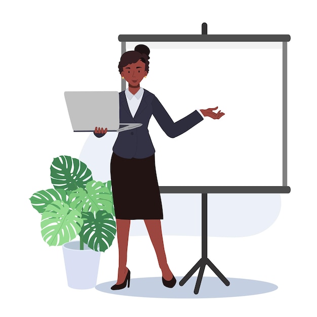 African american Businesswoman standing and holding laptop to present business presentation Vector illustrations