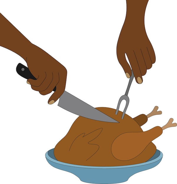 An African American cuts a holiday turkey A kitchen knife in one hand a chopping fork in the other