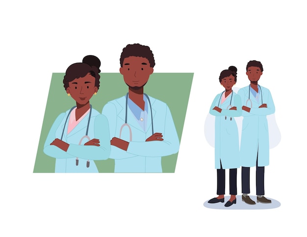 African American Doctor hospital staff male and female medical workers Flat vector cartoon character illustration