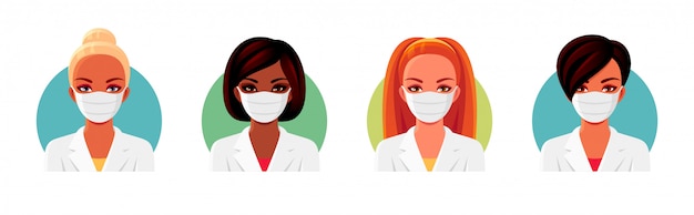 African American and European women in white medical uniform and face masks. Female doctor or nurse avatars set.