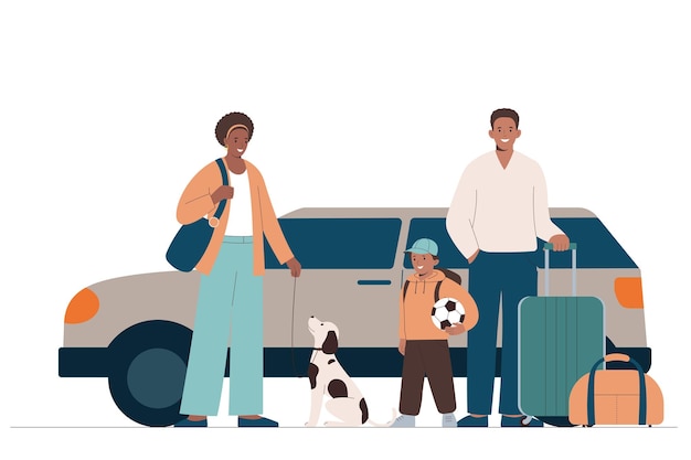 African American family with luggage and dog near car Young family with child go on trip by car