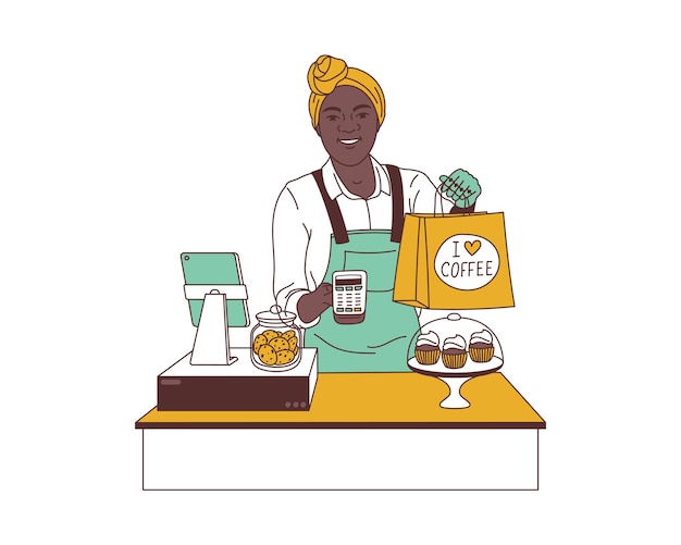 African american female cashier at the cash register Flat vector illustration