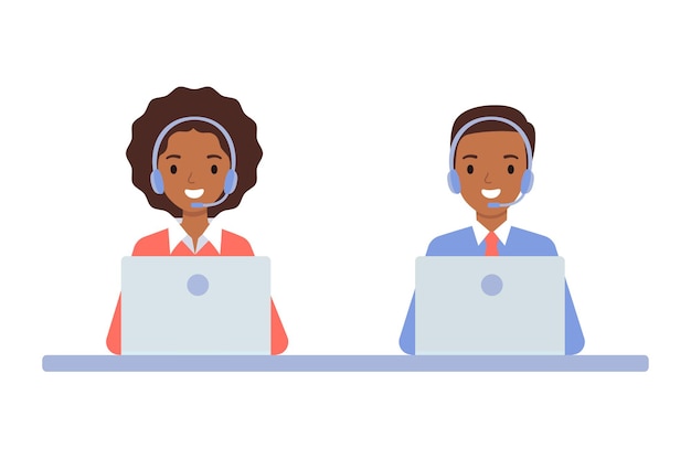 African American girl and guy wearing in headphones, the concept of a call center and online customer support. Vector illustration in flat style.