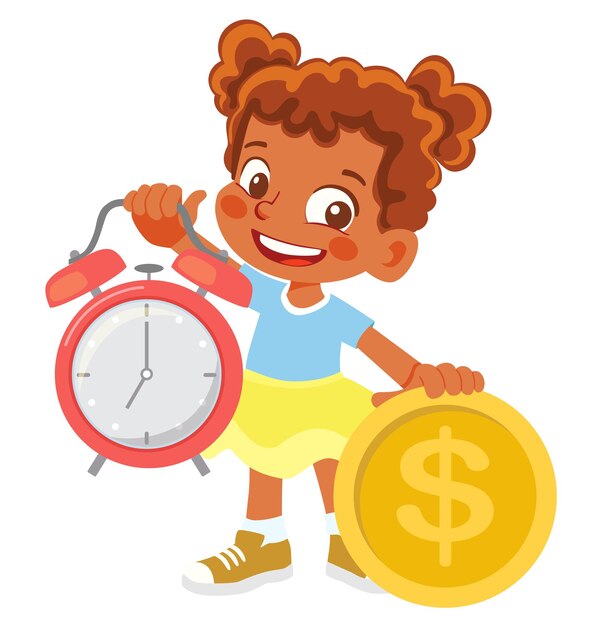 African American Girl holding clock and money