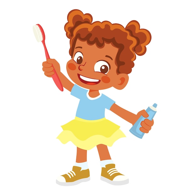 African American Girl holding a toothbrush and toothpaste