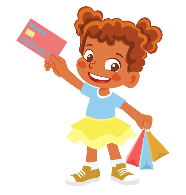 African American Girl holds credit card. Cheerful young girl holding shopping bags