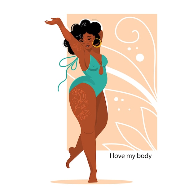 An African-American girl of large sizes poses in a swimsuit. Body positive.