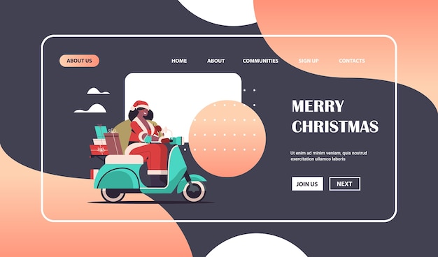 african american girl in santa claus costume delivering gifts on scooter merry christmas new year holiday celebration concept horizontal full length copy space vector illustration