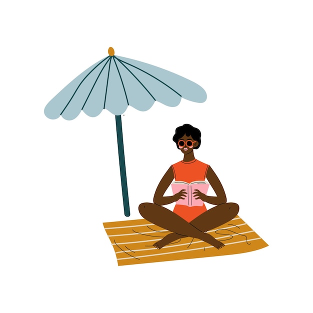 African American Girl Sitting Under Sunshade Parasol Beautiful Woman Relaxing at Beach on Summer Vacations Vector Illustration on White Background