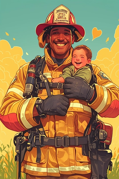 African American Male Firefighter in His 40s Saving a Child