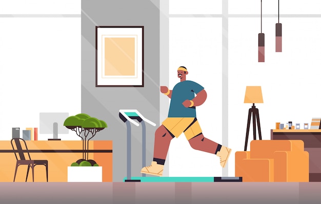 african american man running on treadmill at home guy having workout cardio fitness training healthy lifestyle sport concept living room inerior full length illustration