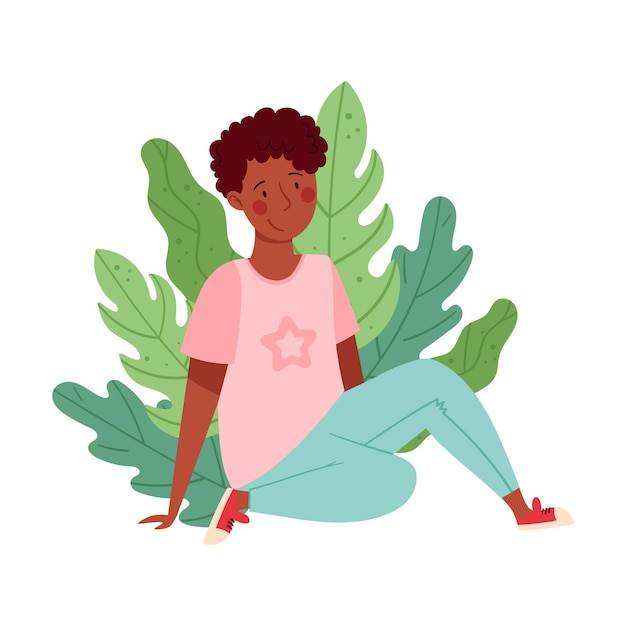 African American Man Sitting on the Ground with Floral Leaves Behind Vector Illustration