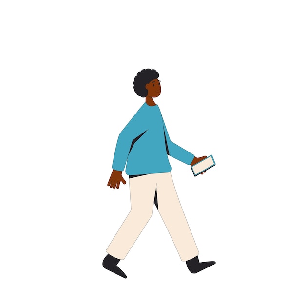 African american man Young male character wearing in casual clothes walking with smartphone in his hand isolated on a white background Vector line illustration