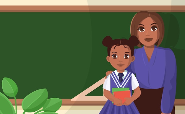 African american mom and daughter standing in the classroom near the blackboard