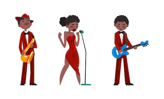 Vector african american musicians singing and playing different musical instruments cartoon vector illustration