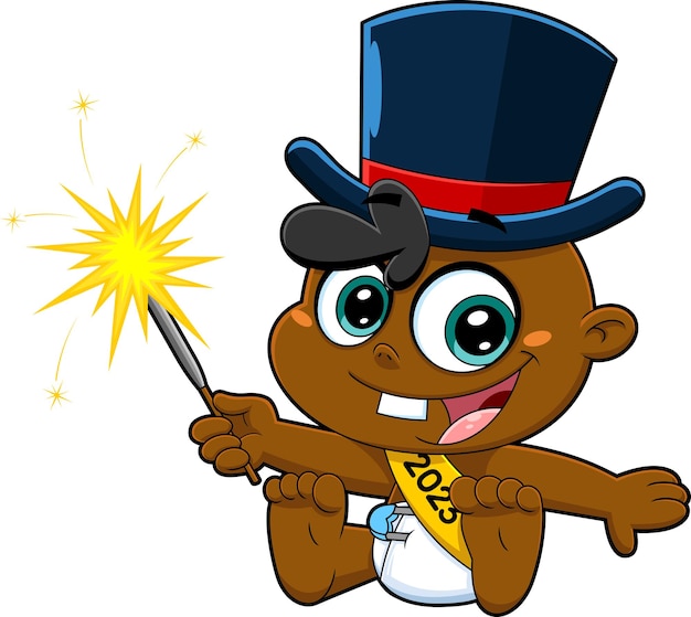 African American New Year Baby Cartoon Character With Top Hat Holding A Sparkler