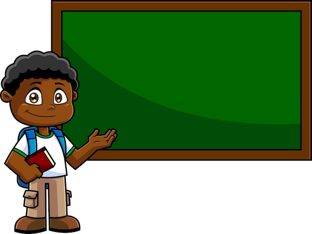 African American School Boy Cartoon Character With Textbooks Pointing To Green Chalk Board