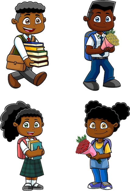 African American School Kids Cartoon Characters. Vector Hand Drawn Collection Set