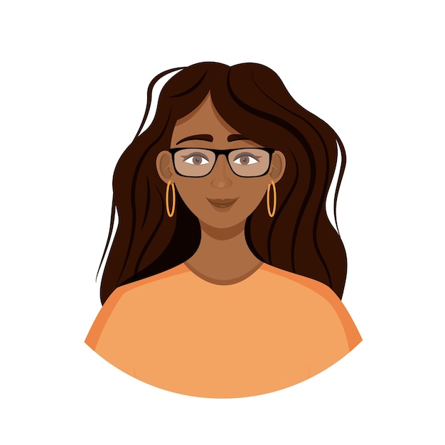 African American woman avatar with glasses. Portrait of a young girl. Vector illustration of a face.