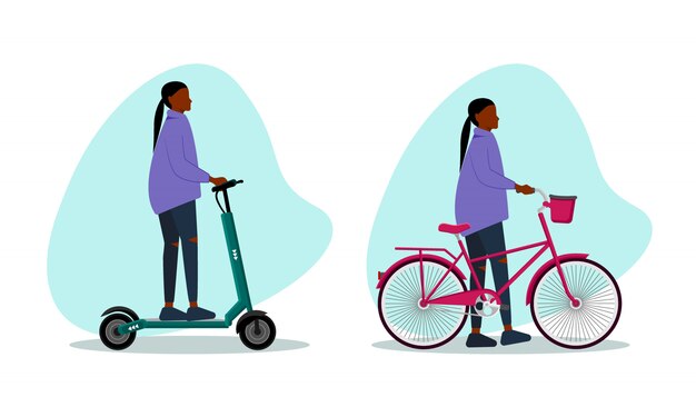 African American woman on a bicycle and a scooter. Two lifestyle banners. Healthy lifestyle concept.