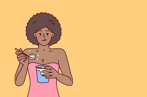 African American woman eating ice cream enjoying cold dessert to cool down after hot walk