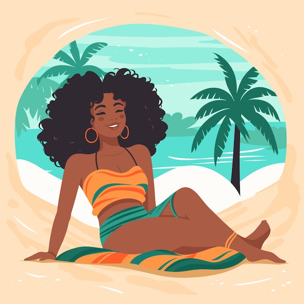 Vector african american woman relaxing beach sitting sand palm trees happy black female