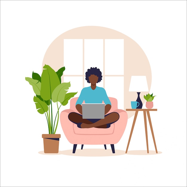 African american woman sitting on sofa with laptop. Working on a computer. Freelance, online education or social media concept. Working from home, remote job. Flat style. illustration.