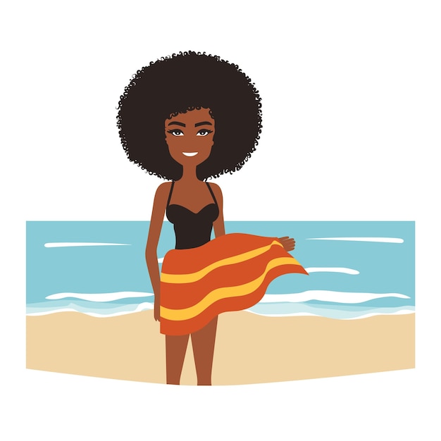 African American woman standing beach towel Smiling young female swimsuit sea Beach vacation