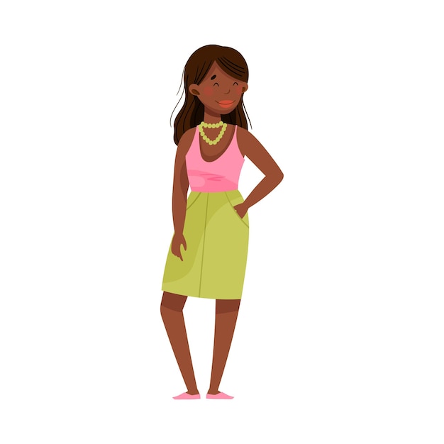 African American Woman with Dark Hair and Summer Clothing Standing Vector Illustration